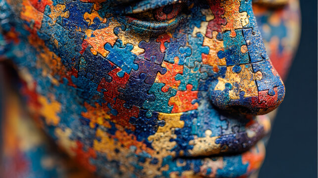 Abstract human face painted and assembled with colorful interlocking puzzle pieces in a detailed artistic close-up composition