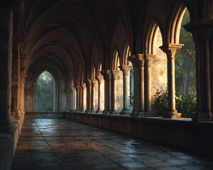 Fototapeta premium Medieval cloister glowing soft morning sun falling between archway authentic teaching moment realistic human expression natural soft lighting shallow DOF cinematic tone photorealistic DSLR photo 85mm