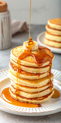 Golden pancakes with honey drizzle