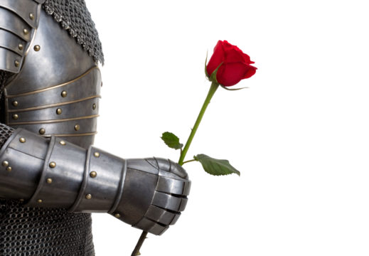 A knight in medieval armor holding a single red rose, isolated on a transparent background