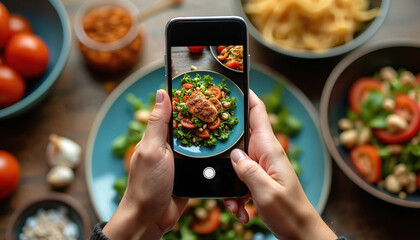 Person takes photo of salad with smartphone. Hands holding phone, focus on food. Fresh healthy meal, tomatoes, greens. Food photography, mobile device, social media concept.