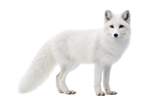 A pristine white arctic fox in standing position facing forward, isolated on a transparent background