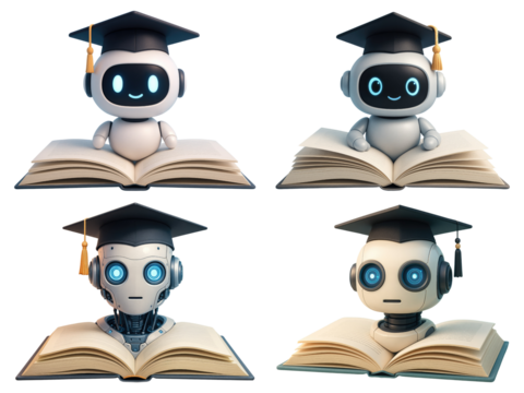 Four robots wearing graduation caps sitting on open books with blue backgrounds isolated on a transparent background
