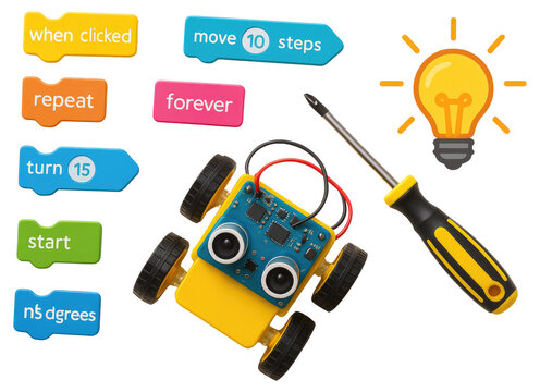 Four wheeled robot with coding blocks, lightbulb, and screwdriver on white background programming technology isolated on a transparent background