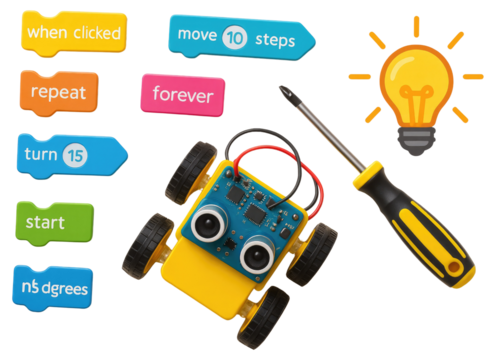 Four wheeled robot with coding blocks, lightbulb, and screwdriver on white background programming technology isolated on a transparent background