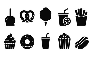 Food and drink solid icon set: snacks, refreshments, and fast food symbols collection