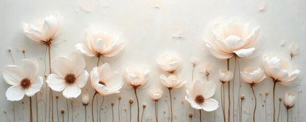 Delicate white flowers bloom with thick paint texture. Abstract art shows spring petals and stems on a clean background. Minimalist floral design evokes natural beauty.