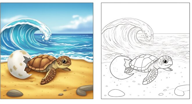 A baby sea turtle hatches from an egg on a sandy beach next to a large ocean wave