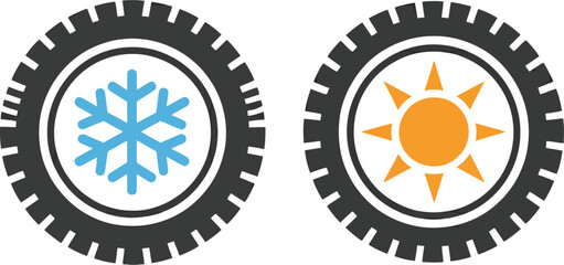 Two tires with snowflake and sun symbols on a white background