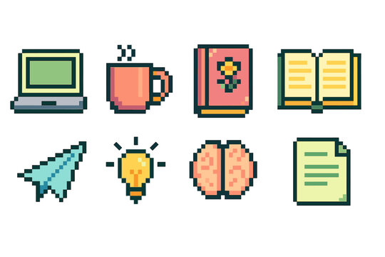 Education and office pixel icon set. Learning, technology, work outline icons collection