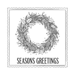 Seasons Greetings Wreath Stamp Hand Drawn Holiday Black White