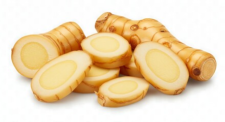 Freshly sliced and whole rhizomes with light brown skins against a white backdrop