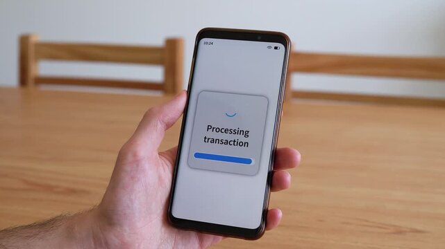 Processing transaction and payment approved notification on smartphone online banking app.