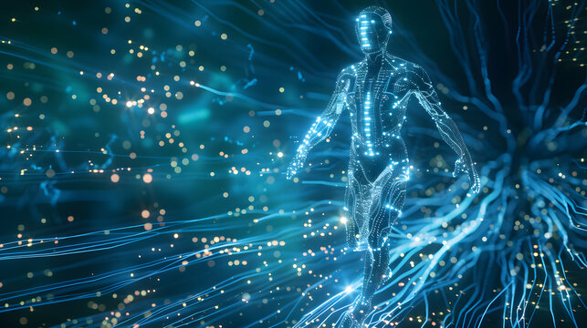 Virtual cybernetic humanoid in a glowing futuristic digital environment