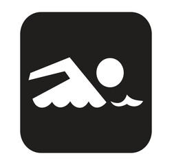 Illustration of a white swimmer icon with waves on a black rounded square background design element