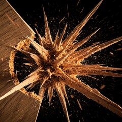 Dramatic close-up of splintered wood bursting outward from a central impact point, showing destruction and sharp fragments in motion ,violent ,timber ,demolition