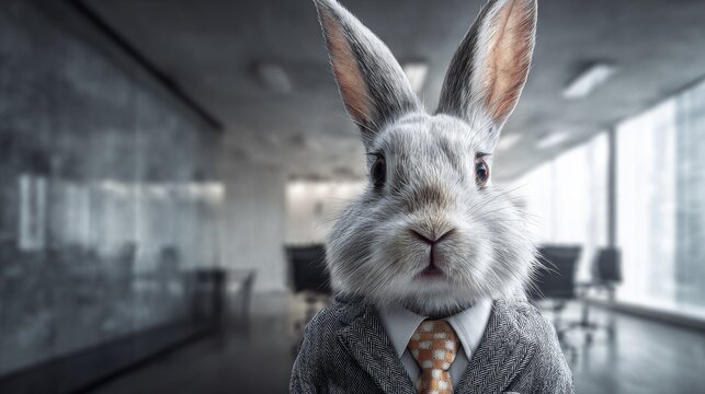 A rabbit in a suit stares directly at the viewer, set in a blurred modern office environment