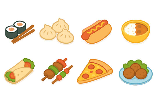 Food and drink icon set including 3d pizza, sushi, and taco imagery.