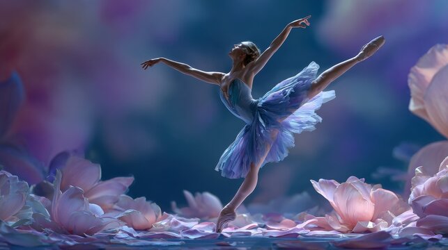 Graceful ballerina in a blue and lilac tutu performs a pose amid ethereal, giant floral blooms. Soft lighting