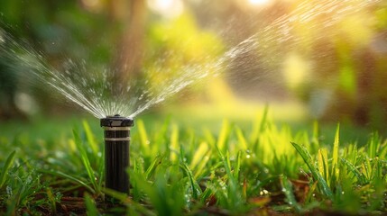 Close up automatic sprinkler watering lush green lawn, creating refreshing summer garden environment with hydrating spray