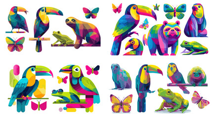 Obraz premium Bright illustration set of tropical birds, frogs, butterflies, and mammals in bold colors, showcasing energetic exotic wildlife with vibrant artistic detail.