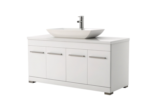 White bathroom vanity with vessel sink, chrome faucet, four cabinet doors, sleek horizontal handles, and modern minimalist design, isolated on a transparent background