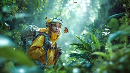 Adventurous explorer in yellow gear gazes upwards, surrounded by lush green foliage and fluttering butterflies