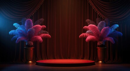 Dramatic lighting illuminates a vintage stage setting adorned with luxurious velvet curtains and bright, colorful feathered accessories ,boa ,red ,stage