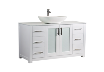Contemporary white vanity unit with vessel basin, drawer storage, frosted glass cabinet doors, chrome hardware, and clean lines, isolated on a transparent background