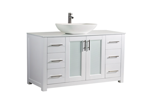 Contemporary white vanity unit with vessel basin, drawer storage, frosted glass cabinet doors, chrome hardware, and clean lines, isolated on a transparent background