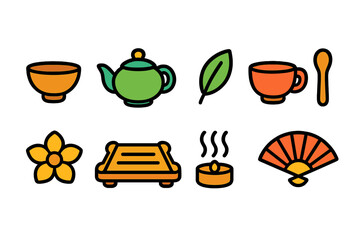 Tea ceremony flat icon set. Traditional, culture, drink icons collection for tea lovers
