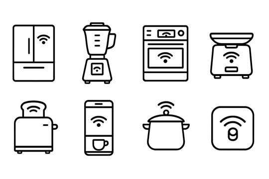 Kitchen appliances linear icon set. Smart technology, cooking, kitchen outline collection.