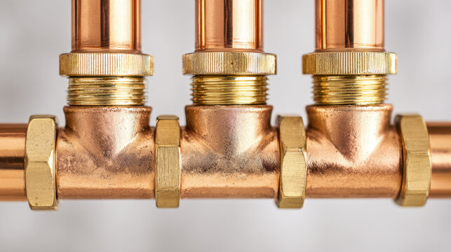 Industrial copper piping system with brass fittings and threaded connectors arranged in a parallel configuration for fluid or gas distribution applications