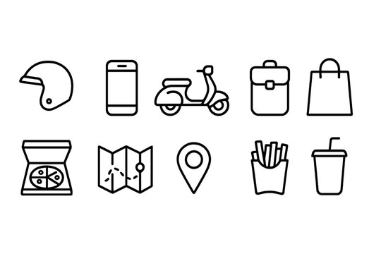 Travel and leisure line icon set. Helmet, map, shopping, mobile icons outline collection