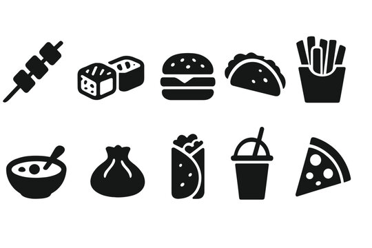 Street food silhouette icon set featuring global snacks and fast food favorites