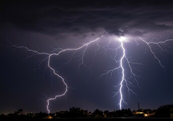 Dramatic lightning illuminates a tempestuous night sky, as heavy rain pours down during a severe and powerful nocturnal storm ,electricity ,powerful ,dynamic