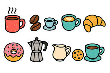Fototapeta premium Coffee and bakery outline icon set. Cafe, beverage, breakfast line art collection