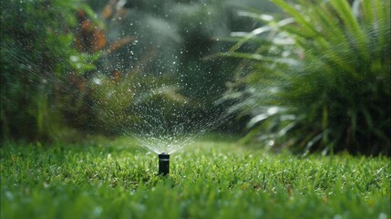 Close up automatic sprinkler watering lush green lawn, creating refreshing summer garden environment with hydrating spray