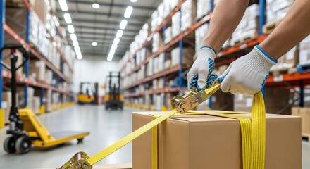 White man hand in protective glove tightening yellow cargo strap around a cardboard box in a warehouse. Logistic and delivery concept for shipping industry.