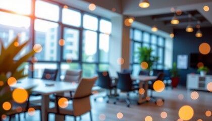 Blurred image Corporate new year greeting background modern office space visual design warm environment aesthetic perspective professional concept