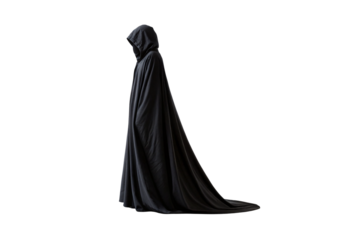 Black hooded cloak with dramatic train, side view showing elegant draping fabric, gothic medieval costume, isolated on a transparent background