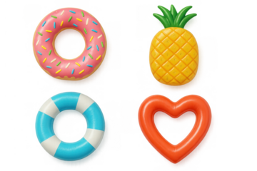 Colorful pool floats collection, inflatable donut, pineapple, lifebuoy, heart for summer vacation fun, transparent background