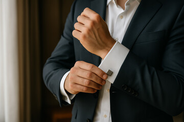Man adjusting cufflinks on a formal black suit shirt
