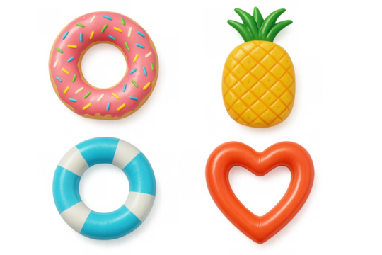 Colorful pool floats collection, inflatable donut, pineapple, lifebuoy, heart for summer vacation fun, transparent background