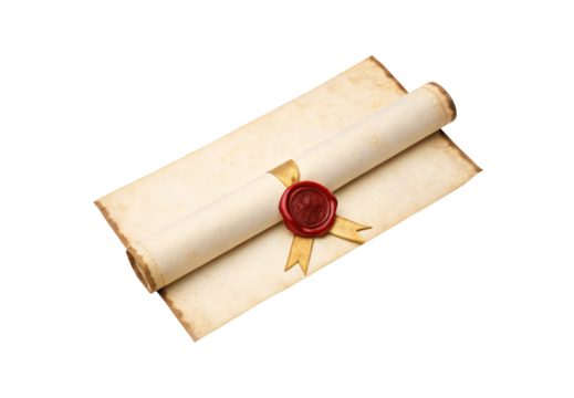 Rolled vintage parchment scroll with red wax seal and gold ribbon, aged paper document, isolated on a transparent background