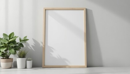 A blank wooden frame stands against a light gray wall. Two potted plants are placed on a white surface beside the frame, creating a minimalist decor.