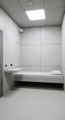 Minimalist prison cell or detention room with concrete walls and floor, bed, pillow, and surveillance camera, depicting incarceration and isolation.