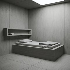 Empty concrete cell with basic bed and shelf. Minimalist room for solitary confinement or as a concept for prison or detention.