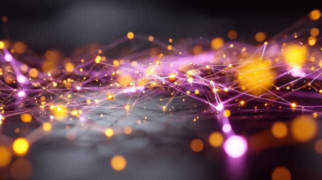 Interconnected network of glowing points and luminous lines stretches across a dark surface