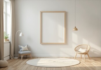 A minimalist interior scene featuring a large empty wooden frame on a white wall, a round rug, a cozy chair, and a floor lamp. Natural light illuminates the space.